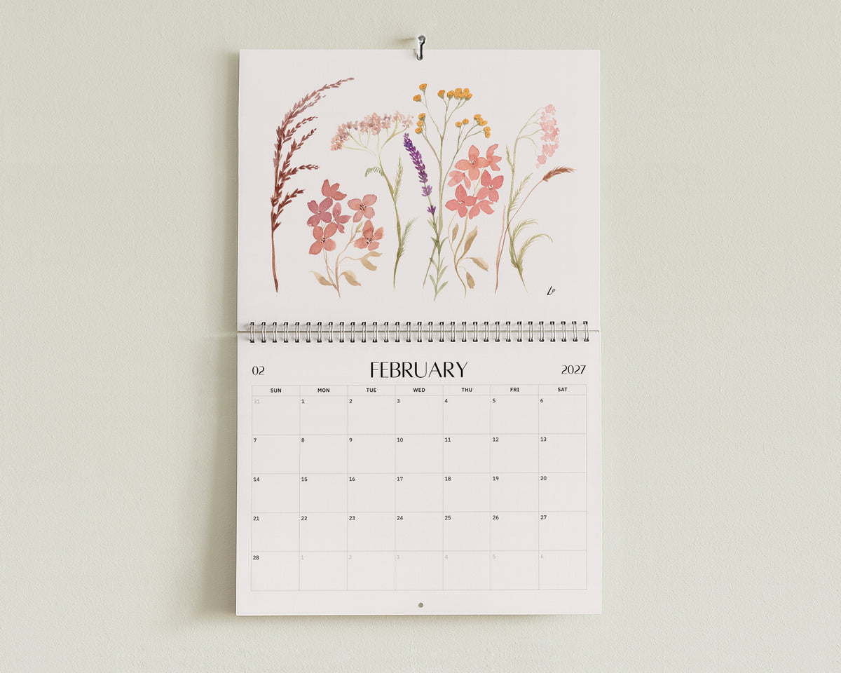 Wild Botanical 2027 Wall Calendar by Lydia Orange, open at February: watercolour painting above the February dates