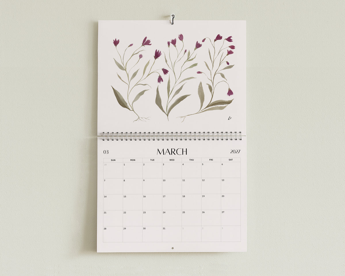Wild Botanical 2027 Wall Calendar by Lydia Orange, open at March: watercolour painting above the March dates