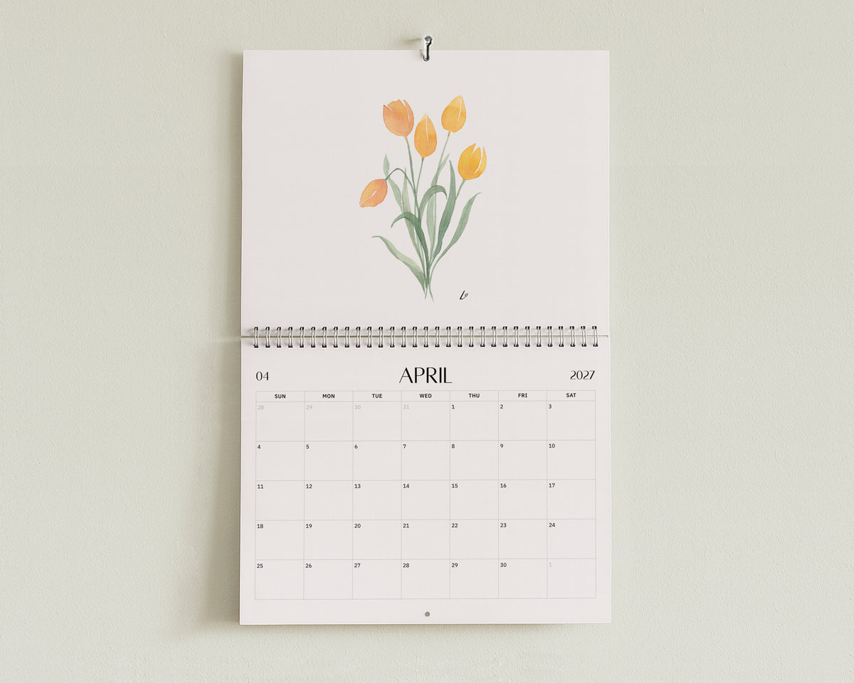 Wild Botanical 2027 Wall Calendar by Lydia Orange, open at April: watercolour painting above the April dates