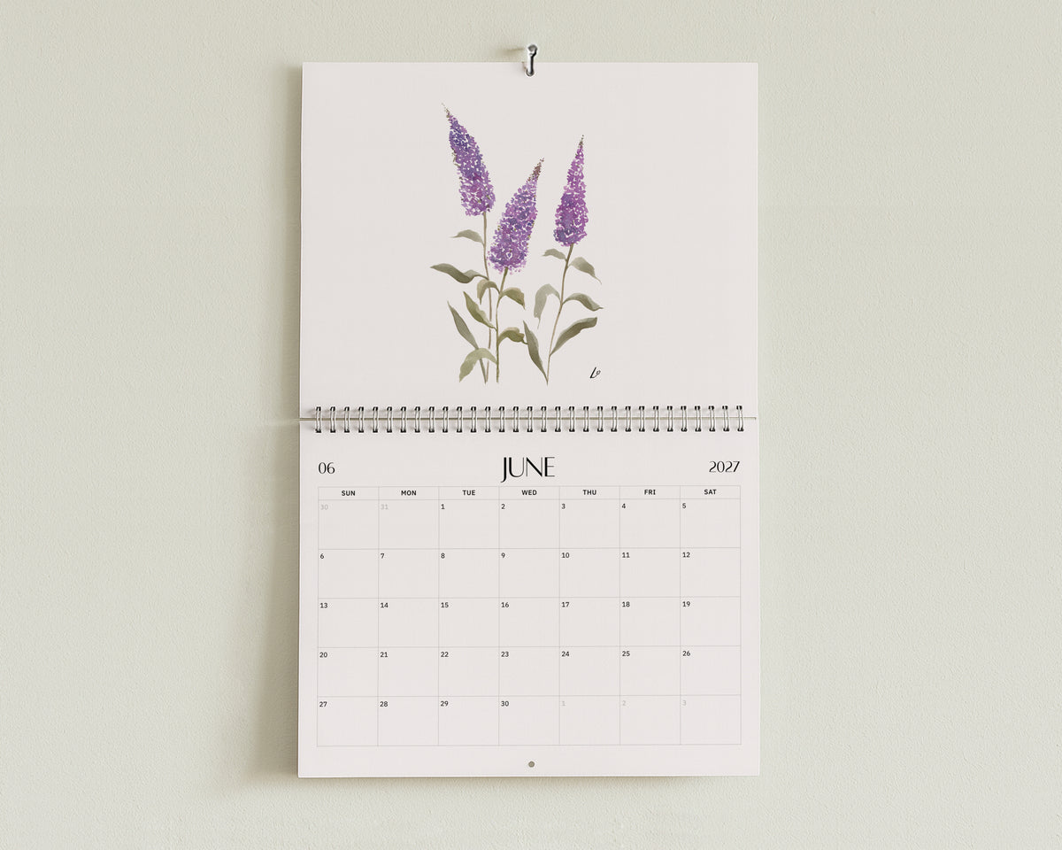 Wild Botanical 2027 Wall Calendar by Lydia Orange, open at June: watercolour painting above the June dates