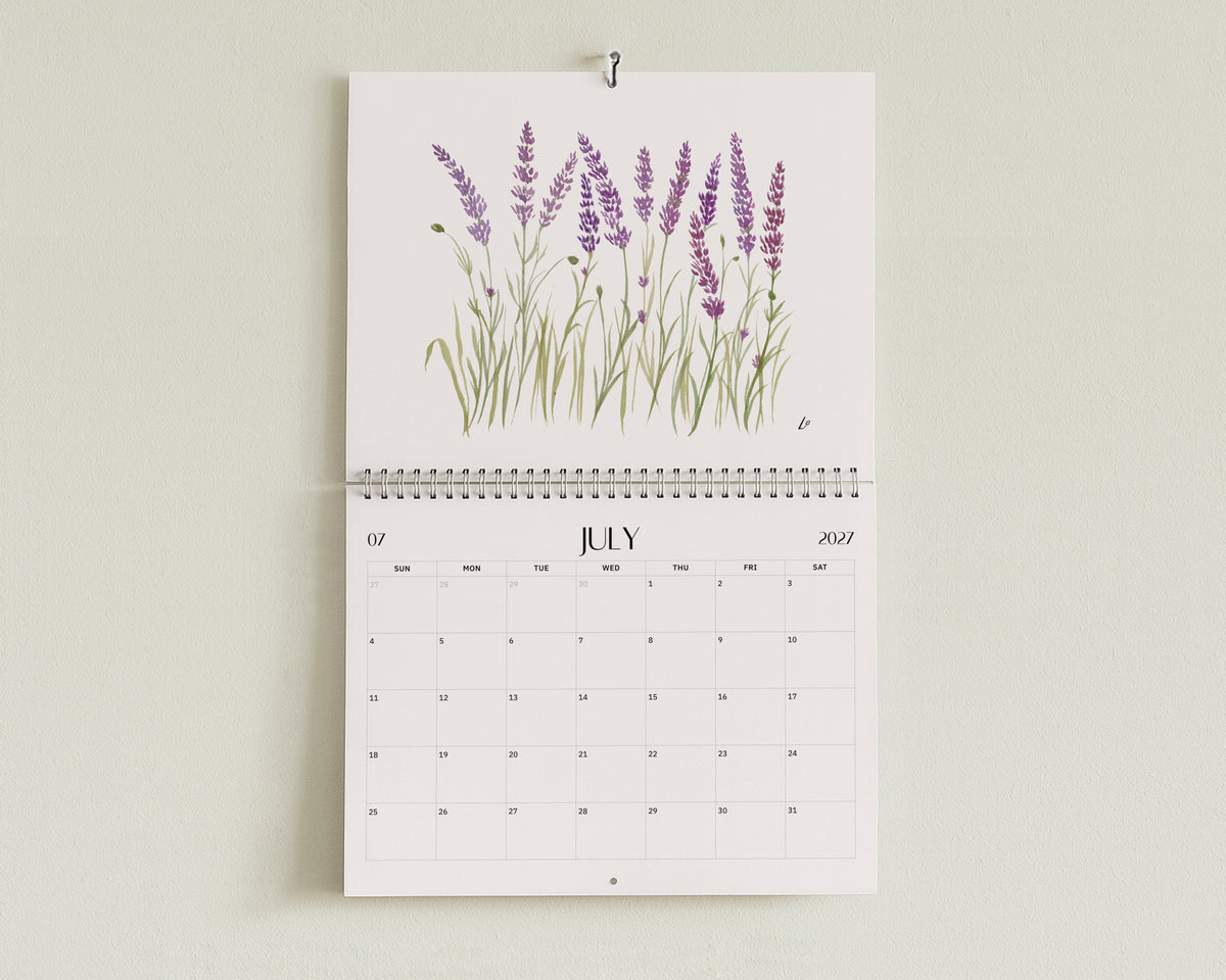 Wild Botanical 2027 Wall Calendar by Lydia Orange, open at July: watercolour painting above the July dates