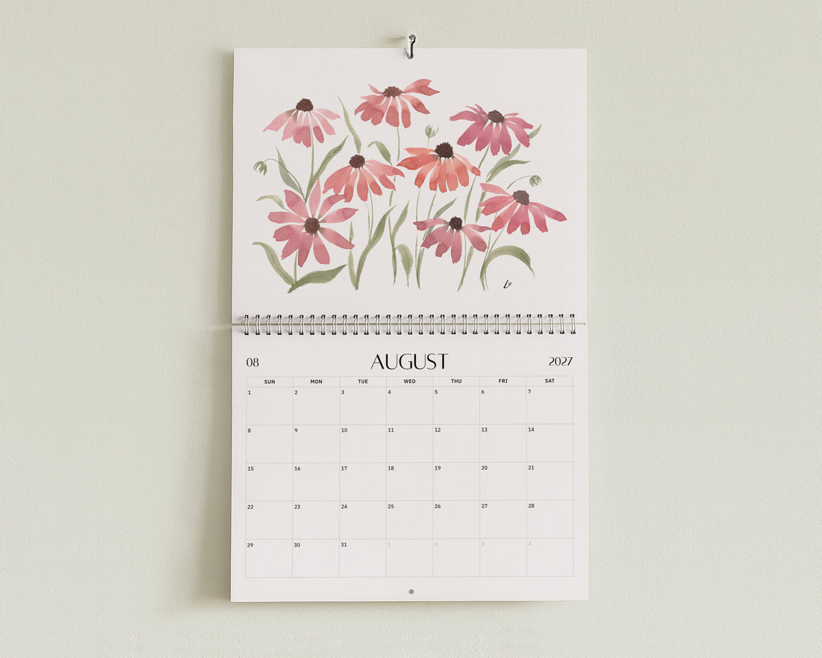 Wild Botanical 2027 Wall Calendar by Lydia Orange, open at August: watercolour painting above the August dates