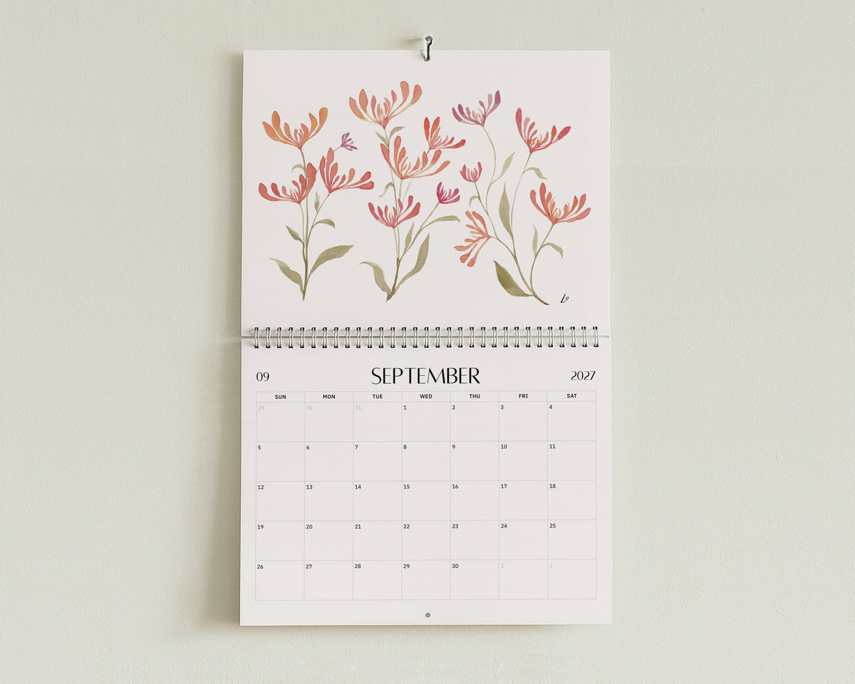 Wild Botanical 2027 Wall Calendar by Lydia Orange, open at September: watercolour painting above the September dates