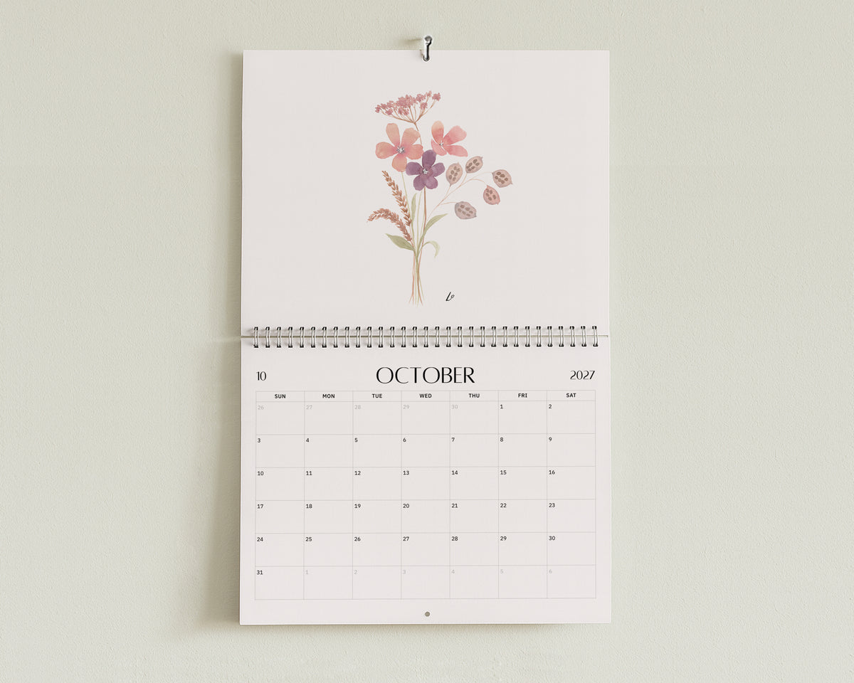 Wild Botanical 2027 Wall Calendar by Lydia Orange, open at October: watercolour painting above the October dates