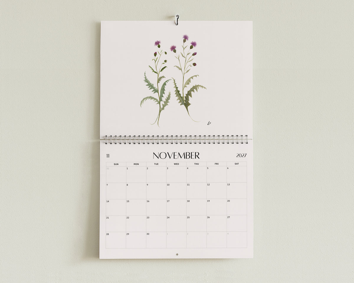 Wild Botanical 2027 Wall Calendar by Lydia Orange, open at November: watercolour painting above the November dates