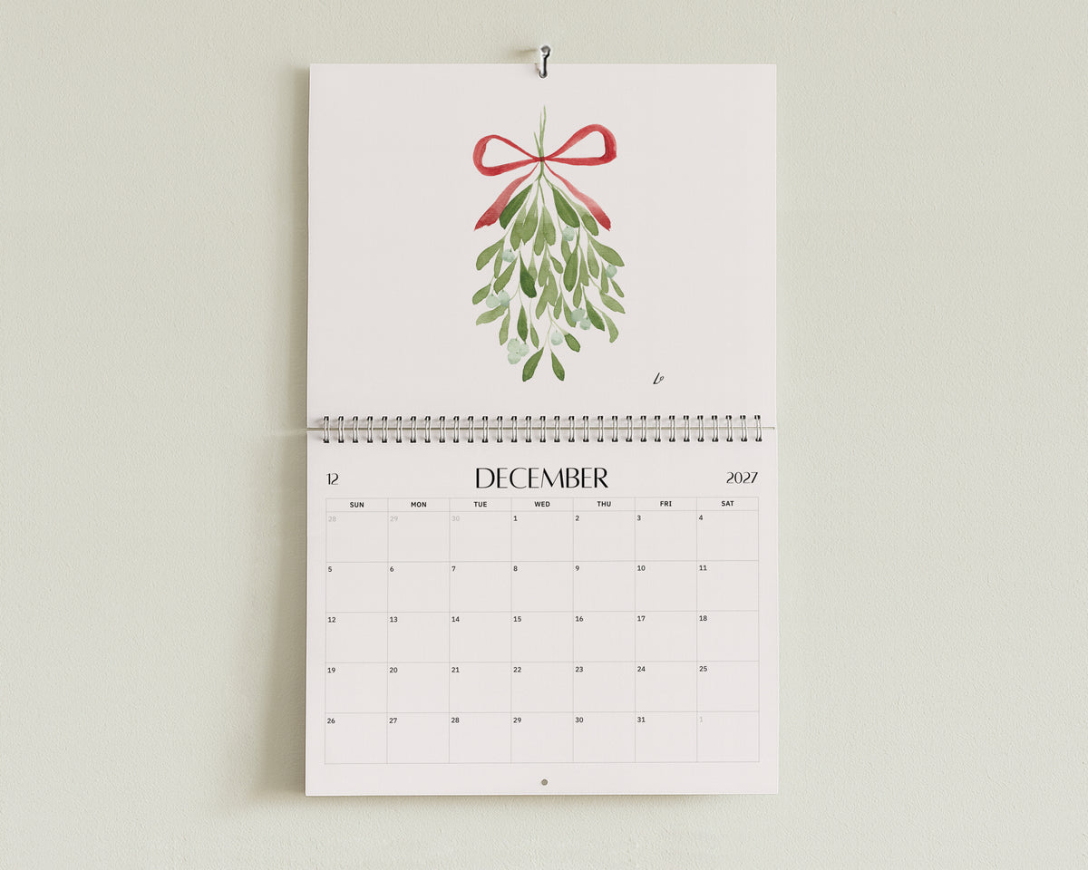 Wild Botanical 2027 Wall Calendar by Lydia Orange, open at December: watercolour painting above the December dates